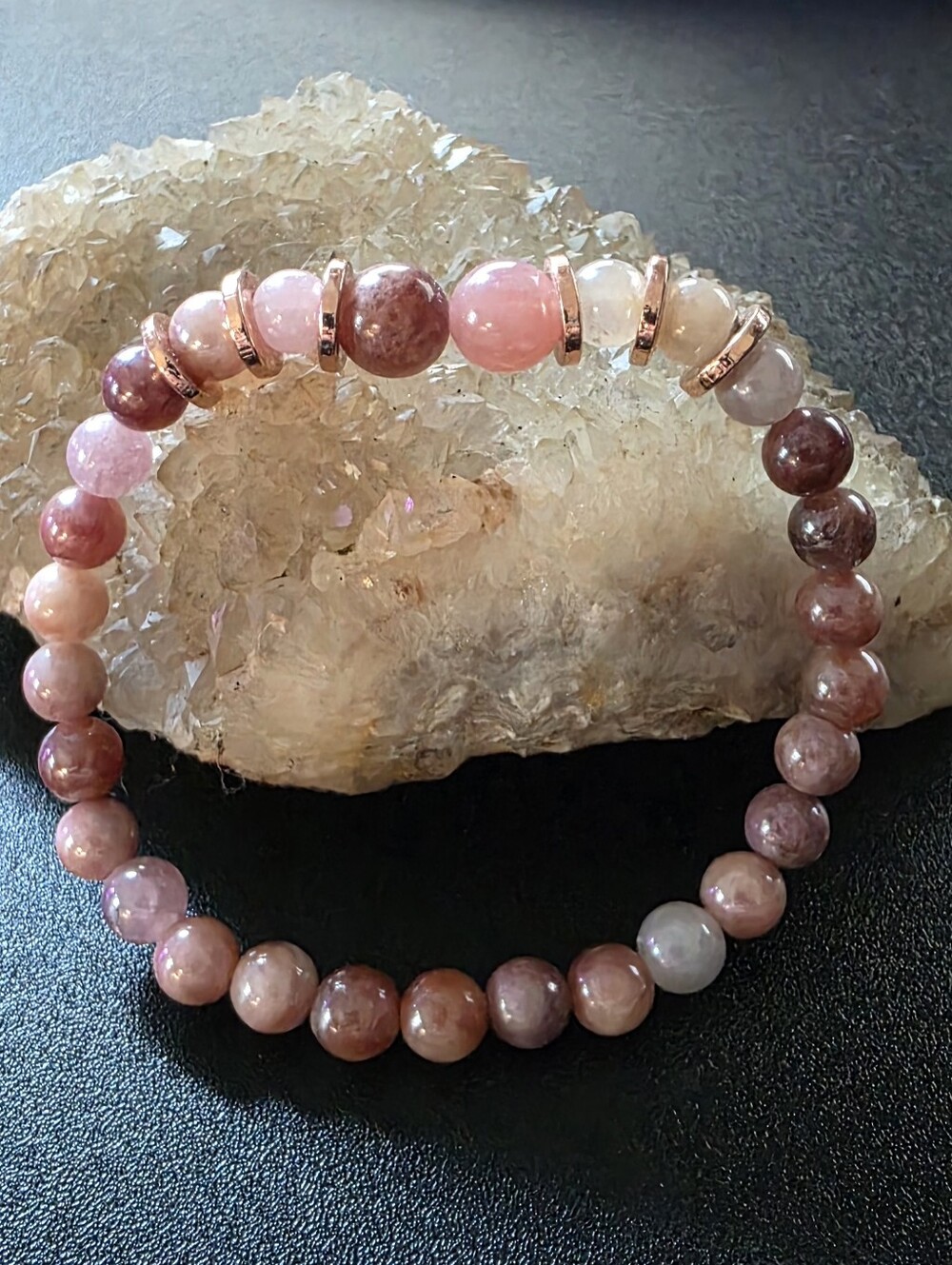 Delicate Sunstone Beaded Stretch Bracelet with Rose Gold Accents